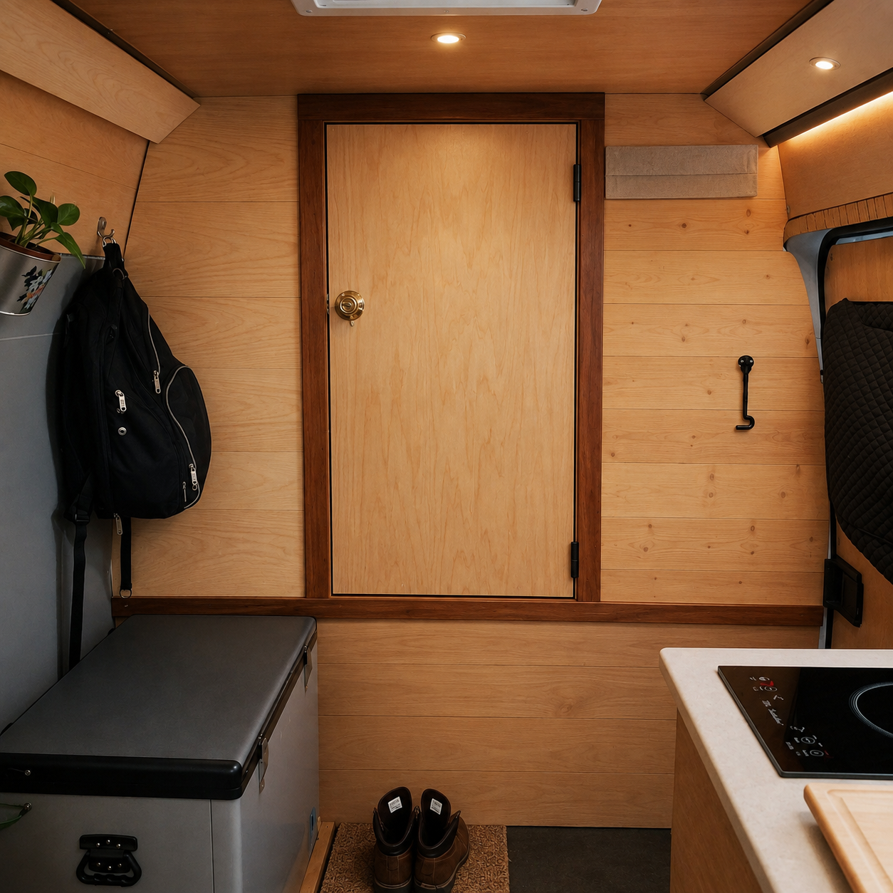 Interior of a 2006 Sprinter with a custom wall panel